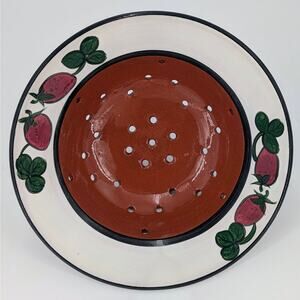 Strawberry Colander Redware Berry Bowl 9" Strainer Signed VTG Ceramic Pottery